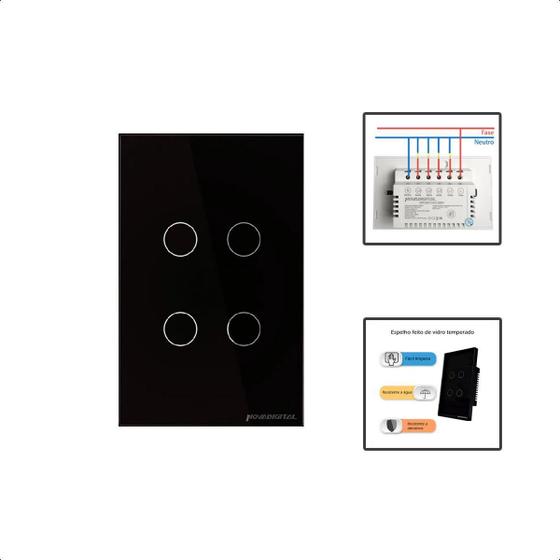 Imagem de Interruptor Zigbee Touch 4 Botões Inteligente 4X2 - Preto