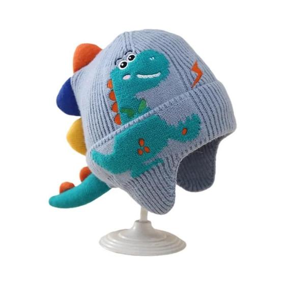 Imagem de Inverno Quente Bebê Proteção De Orelha Chapéu 3d Dinossauro Crianças Earmuffs Lã Malha Boné Criança