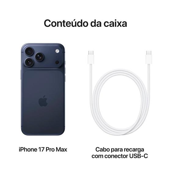 Imagem do conteúdo da caixa do iPhone 17 Pro Max incluindo o aparelho e o cabo de recarga USB-C