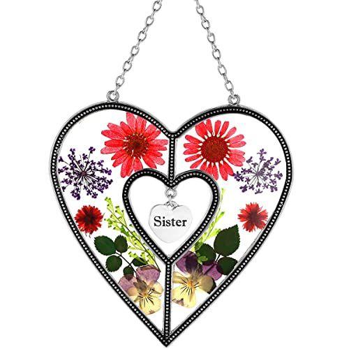 Imagem de Irmã Coração Suncatchers Ornamento Vitrais Coração Suncatcher Wind Chime com Coração de Flor Pressionado Embutido no Vidro Irmã Janela pendurados Presentes para Aniversários Irmã Natal