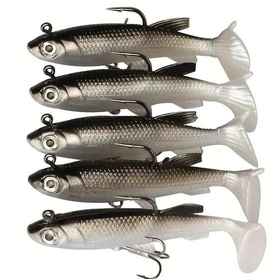 Imagem de Iscas de Pesca com Gabarito - 5 Swimbaits de Plástico Macio com Cabeça Paddle e Cauda