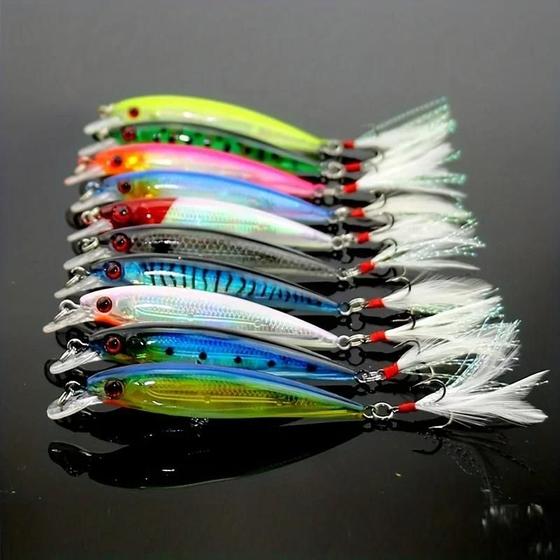 Imagem de Iscas de Pesca Minnow 9cm 7g - Conjunto com 10 Unidades - Gancho de Pena