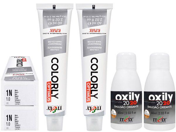 Imagem de Itely  Kit c/2 Tintas Colorly Optimus 1N Preto 60 ml + 2 Oxily 20 Volumes 60 ml