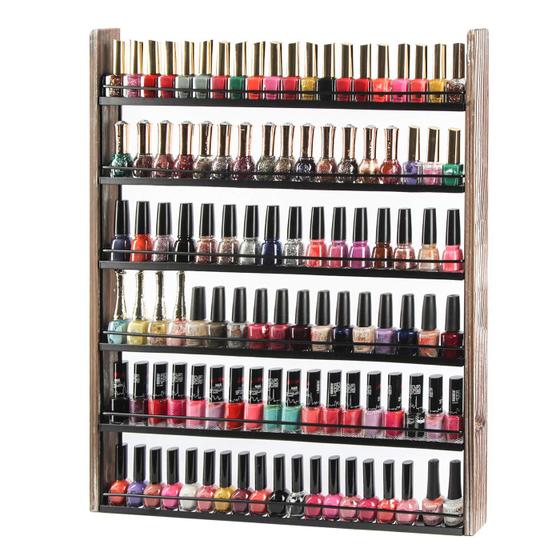 Imagem de J JACKCUBE DESIGN Organizador de esmaltes de madeira rústica com prateleiras de 6 camadas 100 garrafas de montagem na parede Display Rack Maquiagem Garrafas Armazenamento para Salão de Unhas Quarto Dress room - MK528A