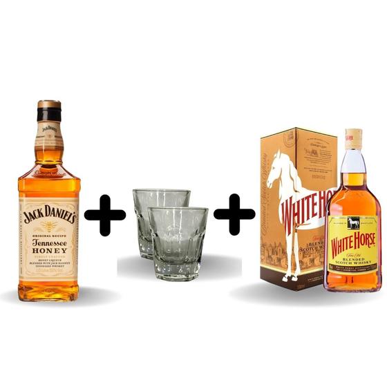 Imagem de Jack Daniel's Honey com White Horse e dois copos vidro shot