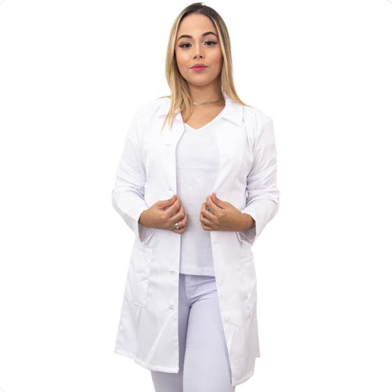 Imagem de Jaleco Feminino Gabardine Branco Manga Longa Sem Bordado acinturado com bolsos