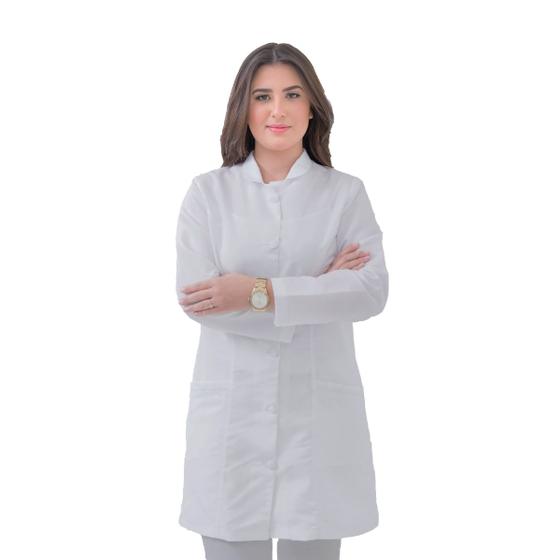 Imagem de Jaleco Feminino Gola Padre Manga Longa Acinturado Antiviral Área Saúde Fácil Lavar Secar Passar