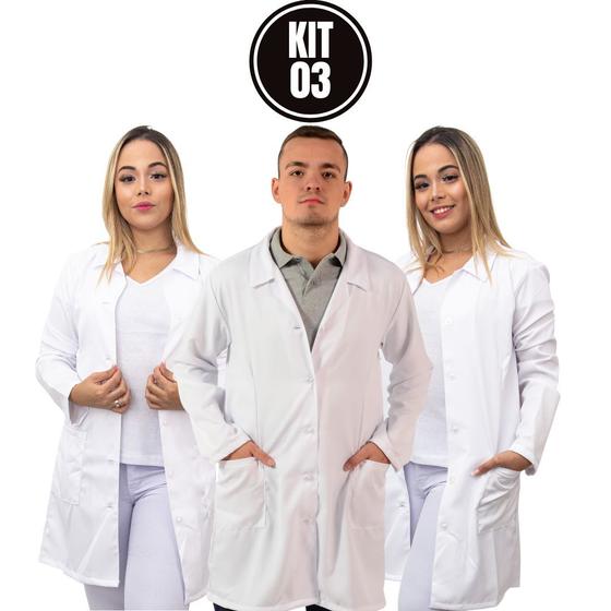 Imagem de Jaleco Feminino Levemente Acinturado Tecido Gabardine Modelo Gola Italiana com bolsos Branco Kit c/ 3 pçs