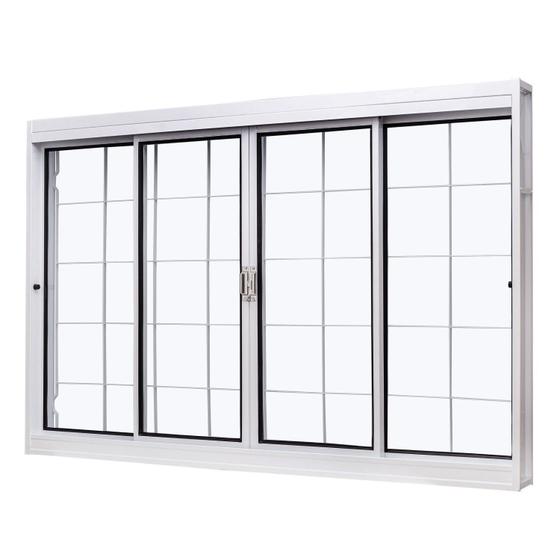 Imagem de Janela de Aço de Correr Central 100x150cm 4 Folhas com Grade Quadriculada e Vidro Liso Qualitysol Ra