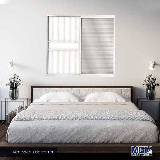 Imagem de Janela de Alumínio Veneziana de Correr 100x120cm 3 Folhas 1 Fixa com Grade e Vidro Liso Linha Soft MGM Branco
