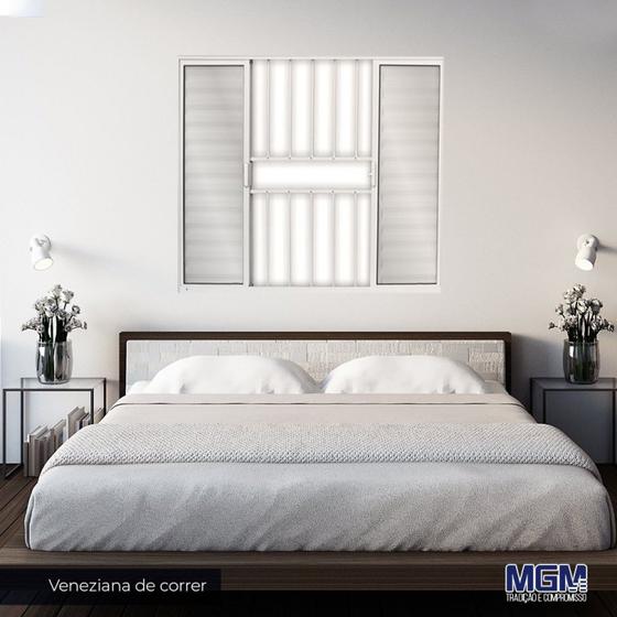 Imagem de Janela de Alumínio Veneziana de Correr 100x200cm 6 Folhas 2 Fixas com Grade e Vidro Liso Linha Soft MGM Branco