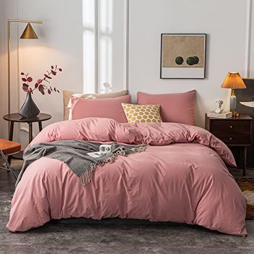 Imagem de Janlive Algodão Lavado Edredom Cover King Ultra Soft 100% Algodão Solid Color Rose Duvet Cover Set with Zipper Closure -3 Pieces Pink Bean Paste King