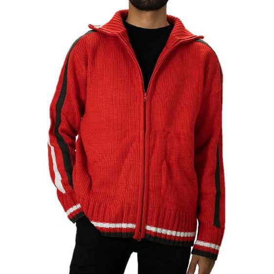 Imagem de Jaqueta Básica Masculina Tricot Lã Aberta Com Zíper Gola Alta 2 Listras Inverno Presente