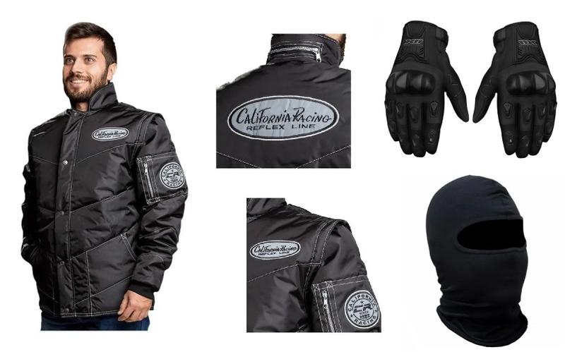 Imagem de Jaqueta California Racing Refletiva Capuz Balaclava Luva X11 Blackout Frio Proteção Motoboy Delivery