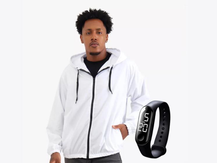 Imagem de Jaqueta Corta Vento Blusa para treinos exercícios Caminhada  Com Capuz Kit com relógio Digital K011