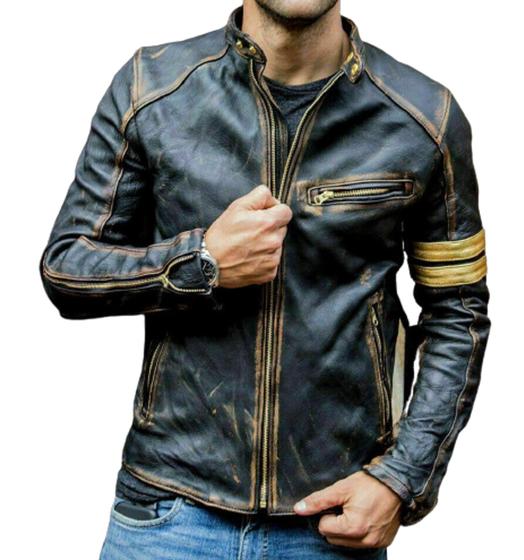 Imagem de Jaqueta de Couro Masculina Cafera Racer Vintage Rustica Desgastada Harry Silver