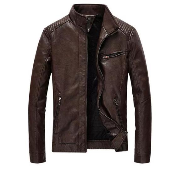 Jaqueta de couro masculina moto slim Menor preço em Jaqueta de couro masculina moto slim
