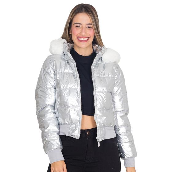 Imagem de Jaqueta Feminina Curta Puffer Metalizada Peluciada Capuz