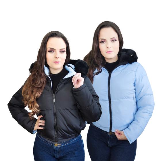 Imagem de Jaqueta Feminina Dupla Face Capuz Felpudo Casaco Inverno Slim