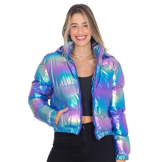 Imagem de Jaqueta Feminina Puffer Metalizada Curta Com Capuz Bolsos