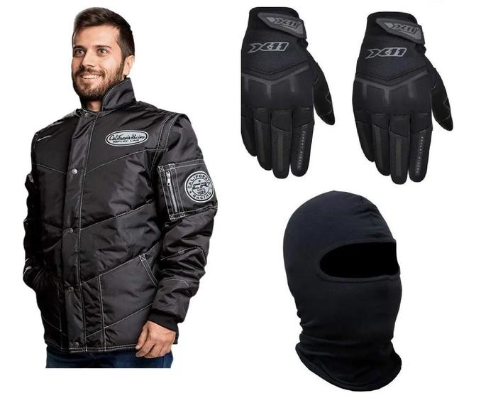 Imagem de Jaqueta Frio Inverno Refletiva Original Cr Califórnia Racing Preta Manga Removível Motoboy + Capuz Touca Ninja + Luva X11 Fit Touch Screen