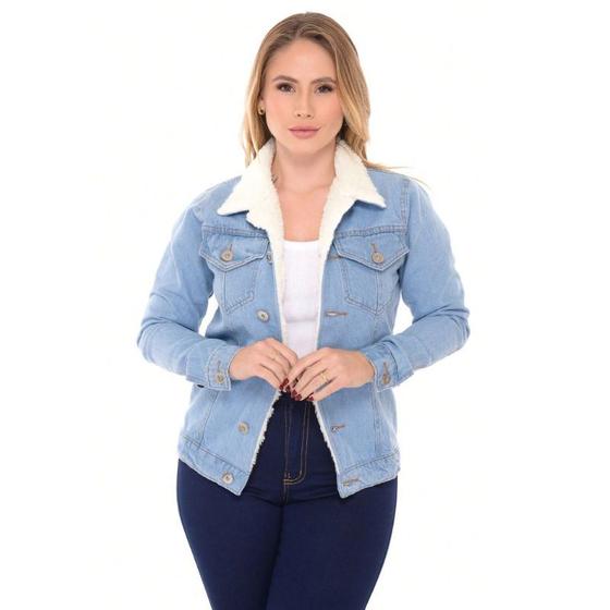 Imagem de Jaqueta jeans de estilo blogueira 100% clara com pelinho na gola