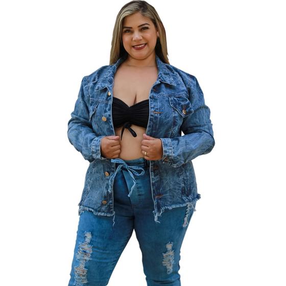 Imagem de Jaqueta Jeans Destroyed Feminino Plus Size Detalhes Rasgado