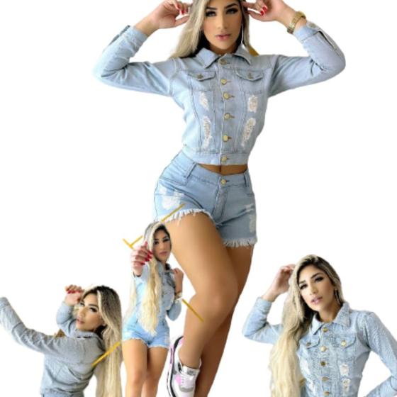 Imagem de Jaqueta Jeans Feminina Clássica  Jeans Azul Claro 7 Botoes Linha Premium