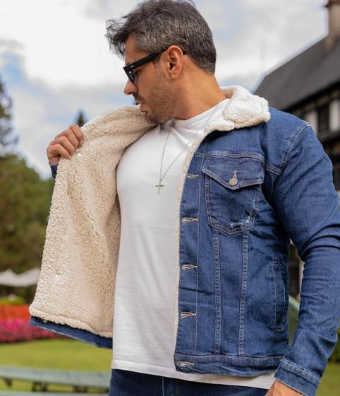Casaco Masculino Jaqueta Jeans Com Forro De Pele De Carneiro