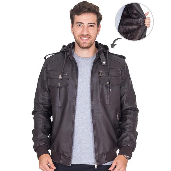Jaqueta Masculina Peluciada Couro PU Botão Capuz Sintético Menor preço em Jaqueta Masculina Peluciada Couro PU Botão Capuz Sintético
