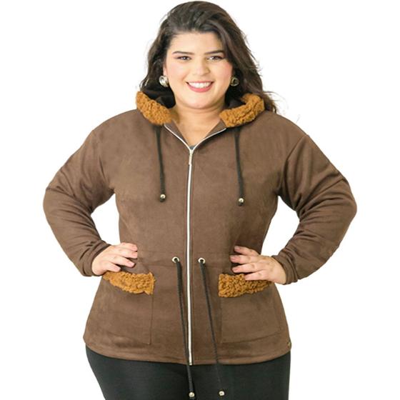 Imagem de Jaqueta Parka Feminina Com Capuz e Bolsos Suede Detalhes em Pelos Plus Size