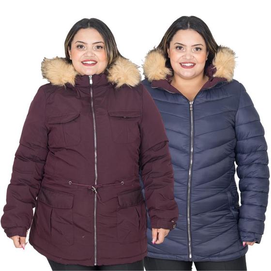 Imagem de Jaqueta Parka Feminina Dupla Face Nylon Plus Size Com Capuz 