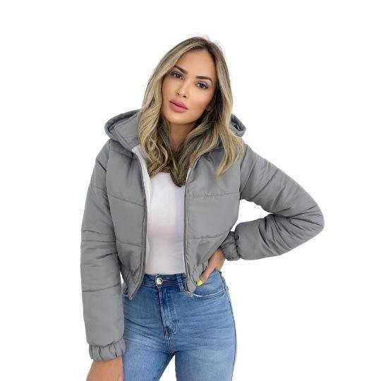 Imagem de Jaqueta Puffer Feminina Lisa Cinza Com Capuz Curta