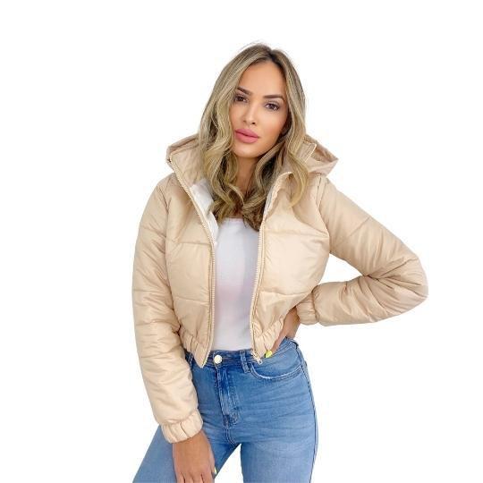 Imagem de Jaqueta Puffer Feminina Nude Com Capuz Curta