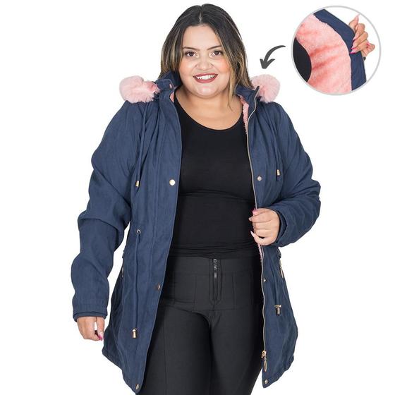 Imagem de Jaqueta Sarja Parka Feminina Plus Size Peluciada Capuz Lisa