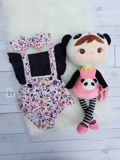 Imagem de Jardineira Body Romper Bebe Menina Mesversario Pandinha