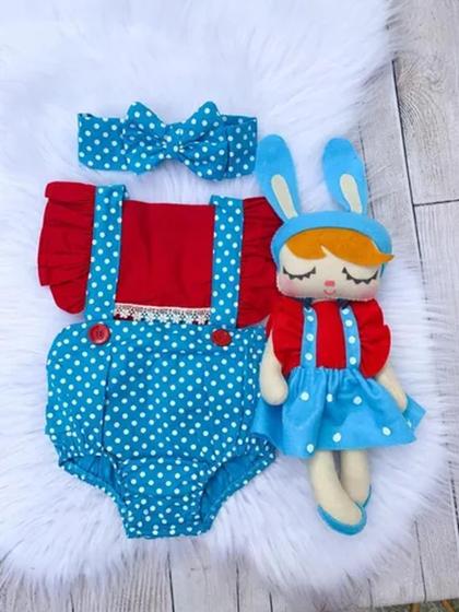 Imagem de Jardineira body Romper Bebe Menina Poa Circo Vermelho C Tiara Mesversario