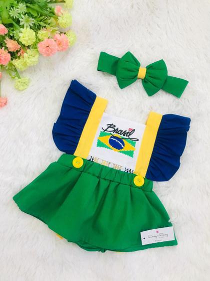 Imagem de Jardineira Brasil Bandeira Body Romper Copa do Mundo Tiara