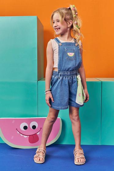 Imagem de Jardineira Infantil Kukie Verão Jeans Melancia com Cropped