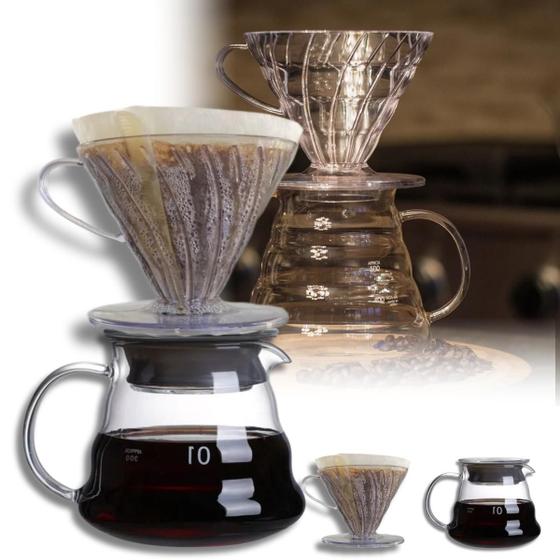 Imagem de Jarra Para Servir Café 01 Chá Suco 360ml De Vidro Borossilicato + Coador de Café Suporte de Acrilico Filtro V60 Tipo Hario 102