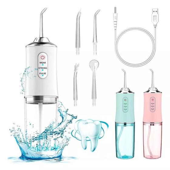 Imagem de Jato D Água Irrigador Limpador Bocal Bucal Dental Dentes Gengiva Oral Recarregável USB 220ml com 4 Bicos