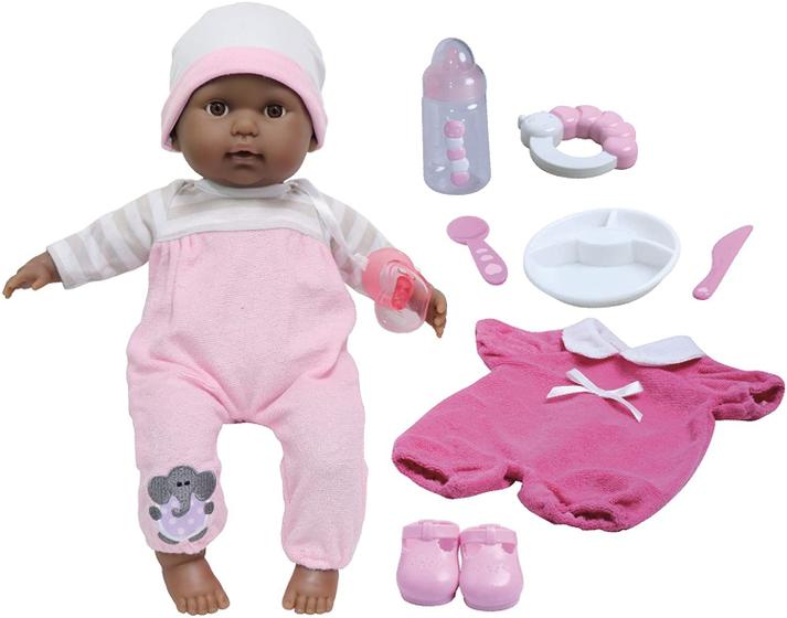 Imagem de JC Toys 15" Realistic Soft Body African American Baby Doll com Open/Close Eyes Berenguer Boutique  10 peças de conjunto de presentes com garrafa, chocalho, chupeta e acessórios   rosa Idades 2+