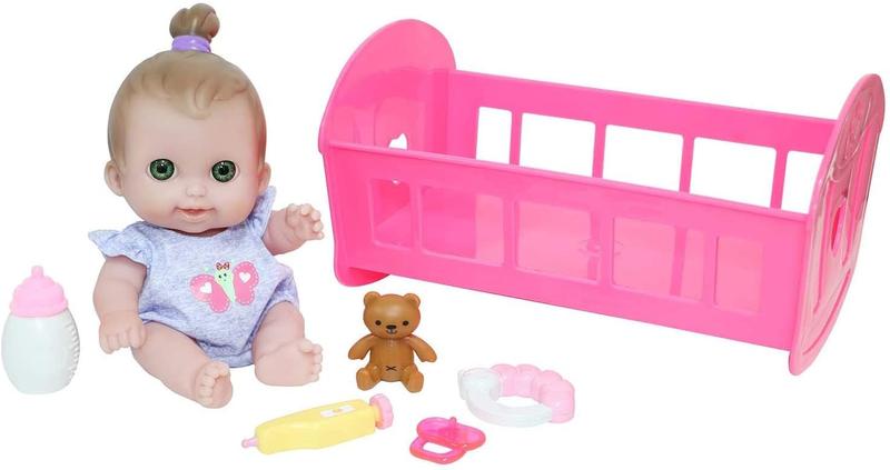 Imagem de JC Toys Lil Cutesies 9" All Vinyl Baby Doll Bed Time Gift Set   posable e lavável  de roupa removível Rocking Crib e Bed Time Acessórios Idade 2+