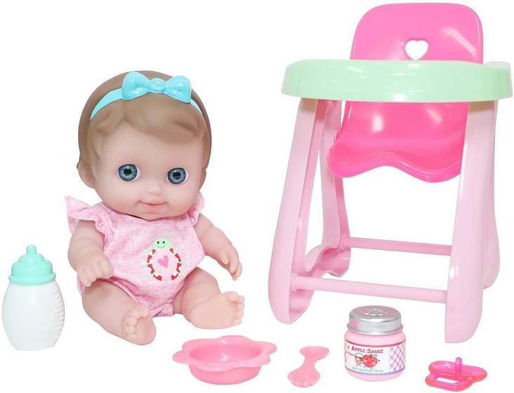 Imagem de JC Toys Lil Cutesies 9" All Vinyl Baby Doll Feeding Time Gift Set  posable e lavável  de roupa removível Alta cadeira e acessórios de alimentação idades 2+