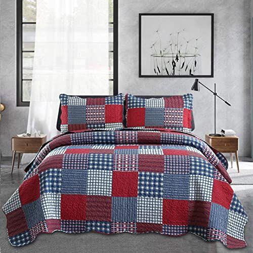 Imagem de Jessy Home Plaid Quilt Set Queen Bedspreads Coverlet Set Red Blue White Patchwork Queen Size Quilt Set Bedding Soft Lightweight Quilts Coverlet Country Reversible Quilt Bed Spread with 2 Pillow Shams