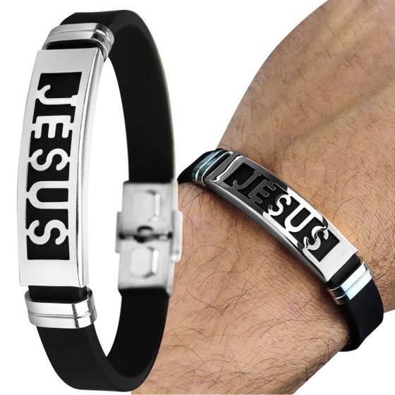 Imagem de Jesus cristo aço inoxidável pulseira masculina prata presente social casual silicone ajustavel