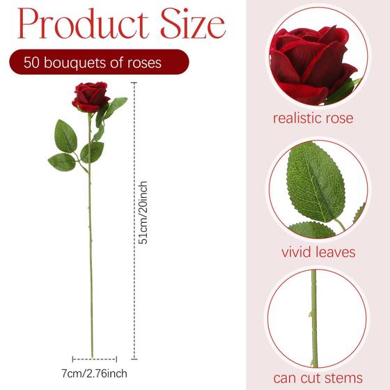 Jexine de flor de rosa artificial, falso, seda realista, 50 unidades