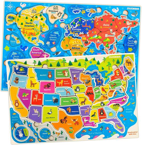 Imagem de Jigsaw Puzzles for Kids Ages 4-8 by Quokka  Toddler Educational Toys for 3-5-7 Years Old Boys and Girls  Jogo pré-escolar de madeira para aprender mapa mundial e estados e capitais dos EUA  Presente para Crianças