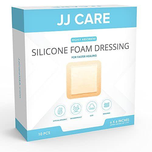 Imagem de JJ CARE Molho de espuma de silicone Pacote de 10, 6x6 Sacrum Silicone Foam Dressing com Borda, Ataduras Absorventes com Adesivo à prova de chuveiro