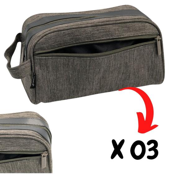 Imagem de Jogo 03 Necessaire Masculina 02 Divisões Nylon Bege 23x13cm